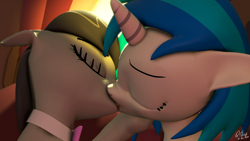 Size: 1920x1080 | Tagged: safe, artist:quicktimepony, imported from derpibooru, dj pon-3, octavia melody, vinyl scratch, earth pony, pony, unicorn, 3d, bowtie, couch, duo, ears, eyes closed, female, french kiss, kissing, lesbian, mane, mare, salivating, scratchtavia, shipping, signature, source filmmaker, window