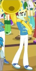 Size: 347x691 | Tagged: safe, imported from derpibooru, screencap, cherry crash, indigo wreath, sweet leaf, tennis match, thunderbass, equestria girls, friendship games, background human, chs rally song, clothes, cropped, female, male, musical instrument, pants, sousaphone, tuba, unnamed character, unnamed human