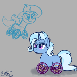 Size: 1700x1700 | Tagged: safe, artist:binkyt11, imported from derpibooru, trixie, original species, pony, unicorn, wheelpone, atg 2019, female, gray background, mare, newbie artist training grounds, nyoom, simple background, solo, species swap, wheels trixie