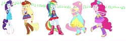 Size: 4660x1548 | Tagged: safe, deleted from derpibooru, imported from derpibooru, applejack, fluttershy, pinkie pie, rainbow dash, rarity, equestria girls, 1000 hours in ms paint, boots, clothes, cute, dancing, fall formal outfits, green eyes, hat, hypno dash, hypno eyes, hypnosis, hypnotized, music notes, ponied up, pony ears, ponytail, shoes