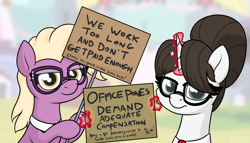 Size: 2404x1372 | Tagged: safe, artist:moonatik, imported from derpibooru, grace manewitz, raven, strike, earth pony, pony, unicorn, angry, canterlot, clothes, female, glasses, glowing, glowing horn, hair bun, hoof hold, horn, labor strike, looking at you, magic, mare, messy mane, protest, secretary, sign, telekinesis