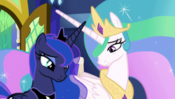 Size: 1920x1080 | Tagged: safe, imported from derpibooru, screencap, princess celestia, princess luna, pony, between dark and dawn, bags under eyes, crown, duo, ethereal mane, eyeliner, female, flowing mane, folded wings, jewelry, makeup, mare, regalia, royal sisters, sad, siblings, sisters, twilight's castle, wings