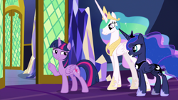 Size: 1920x1080 | Tagged: safe, imported from derpibooru, screencap, princess celestia, princess luna, twilight sparkle, alicorn, pony, between dark and dawn, lidded eyes, twilight sparkle (alicorn)