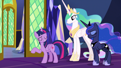 Size: 1920x1080 | Tagged: safe, imported from derpibooru, screencap, princess celestia, princess luna, twilight sparkle, alicorn, pony, between dark and dawn, ethereal mane, eyes closed, female, mare, raised hoof, royal sisters, throne room, trio, twilight sparkle (alicorn)