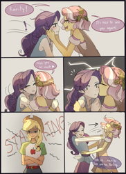 Size: 1600x2200 | Tagged: safe, artist:tcn1205, imported from derpibooru, applejack, rarity, vignette valencia, equestria girls, equestria girls series, rollercoaster of friendship, cheek kiss, comic, cute, female, humanized, jackabetes, jealous, kiss on the cheek, kissing, lesbian, pony coloring, raribetes, rarignette, rarijack, rarity peplum dress, shipping, valenciadorable