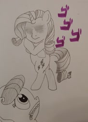 Size: 1910x2617 | Tagged: safe, artist:iffoundreturntorarity, imported from derpibooru, rarity, suri polomare, pony, atg 2019, female, is that a jojo reference?, jojo's bizarre adventure, menacing, monochrome, newbie artist training grounds, pencil drawing, torture dance, traditional art, vento aureo, ゴ ゴ ゴ