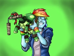 Size: 1024x768 | Tagged: safe, artist:humanstallion97, imported from derpibooru, rainbow dash, tank, tortoise, equestria girls, deviantart watermark, female, hug, male, mouth hold, nunchucks, obtrusive watermark, teenage mutant ninja turtles, watermark