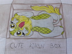 Size: 4128x3096 | Tagged: safe, artist:juani236, imported from derpibooru, derpy hooves, kirin, anatomically incorrect, box, cute, female, graph paper, incorrect leg anatomy, kirin derpy hooves, kirin-ified, looking at you, solo, species swap, traditional art