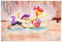 Size: 1280x888 | Tagged: safe, artist:mandumustbasukanemen, imported from derpibooru, apple bloom, tender taps, pony, dancing, newbie artist training grounds, traditional art