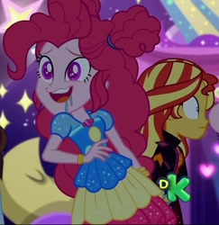 Size: 1049x1080 | Tagged: safe, imported from derpibooru, screencap, pinkie pie, sunset shimmer, equestria girls, equestria girls series, sunset's backstage pass!, spoiler:eqg series (season 2), clothes, cropped, drool, female, geode of sugar bombs, magical geodes, music festival outfit