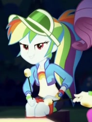Size: 374x496 | Tagged: safe, imported from derpibooru, screencap, rainbow dash, rarity, equestria girls, equestria girls series, sunset's backstage pass!, spoiler:eqg series (season 2), beautiful, cropped, female, food, geode of super speed, magical geodes, marshmallow, music festival outfit, solo focus, visor