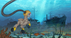 Size: 1509x800 | Tagged: safe, artist:margony, imported from derpibooru, oc, oc only, oc:crash dive, fish, pegasus, pony, clothes, commission, coral, deep sea, diver, diving, diving helmet, diving suit, female, hose, mare, scenery, scenery porn, seabed, seaweed, ship, shipwreck, solo, sunken ship, swimming, underwater, water, watermark, wings