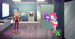 Size: 2837x1479 | Tagged: safe, imported from derpibooru, screencap, pinkie pie, rarity, sunset shimmer, equestria girls, equestria girls series, sunset's backstage pass!, spoiler:eqg series (season 2), bathroom, facial hair, laughing, music festival outfit, shoes, sneakers