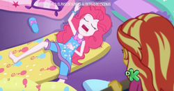 Size: 2826x1482 | Tagged: safe, deleted from derpibooru, imported from derpibooru, screencap, pinkie pie, sunset shimmer, equestria girls, equestria girls series, sunset's backstage pass!, spoiler:eqg series (season 2), barefoot, clothes, drool, feet, open mouth, pajamas, sleeping, slippers