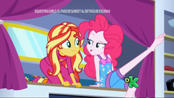 Size: 1920x1080 | Tagged: safe, imported from derpibooru, screencap, pinkie pie, sunset shimmer, equestria girls, equestria girls series, sunset's backstage pass!, spoiler:eqg series (season 2), barefoot, clothes, context is for the weak, discovery kids, feet, female, out of context, pajamas, raised leg, sexy, sleeveless, spanish