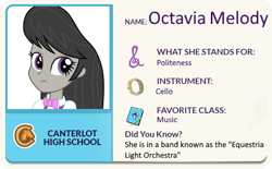 Size: 512x318 | Tagged: safe, edit, editor:grapefruitface, imported from derpibooru, octavia melody, equestria girls, book, canterlot high, cutie mark, eqg profiles, equestria light orchestra, female, headcanon, musical instrument, solo, tambourine