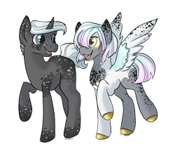 Size: 1024x882 | Tagged: safe, artist:paisleyperson, imported from derpibooru, oc, oc only, oc:fairy floss, oc:pop rock, pegasus, pony, unicorn, coat markings, colored hooves, dappled, male, simple background, stallion, transparent background