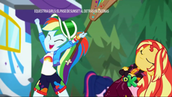 Size: 1920x1080 | Tagged: safe, imported from derpibooru, screencap, applejack, fluttershy, rainbow dash, sci-twi, sunset shimmer, twilight sparkle, equestria girls, equestria girls series, sunset's backstage pass!, spoiler:eqg series (season 2), backstage pass, discovery kids, female, happy, logo, music festival outfit, paddle, rv, smiling, spanish, watermark