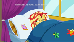 Size: 1920x1080 | Tagged: safe, imported from derpibooru, screencap, sunset shimmer, equestria girls, equestria girls series, sunset's backstage pass!, spoiler:eqg series (season 2), alarm clock, bed, clock, female, phone, solo