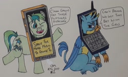 Size: 1763x1066 | Tagged: safe, artist:rapidsnap, imported from derpibooru, gallus, sandbar, earth pony, griffon, pony, cellphone, clothes, costume, foster's home for imaginary friends, gallus is not amused, implied ocellus, implied silverstream, implied smolder, implied yona, iphone, male, parody, parody of a parody, paws, phone, traditional art, unamused