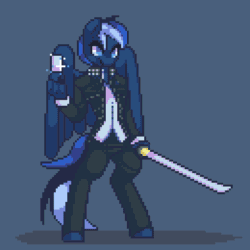Size: 650x650 | Tagged: safe, artist:stockingshot56, imported from derpibooru, oc, oc only, oc:auron, anthro, unguligrade anthro, animated, aura, crossover, idle, katana, loop, persona, persona 4, pixel art, solo, sword, weapon, yu narukami