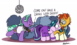 Size: 6481x3847 | Tagged: safe, artist:bobthedalek, imported from derpibooru, firelight, starlight glimmer, sunburst, pony, blaze (coat marking), cape, clothes, coat markings, crowd, dancing, disco ball, dress, embarrassed, facial markings, father and daughter, fathers gonna father, female, hiding, jacket, male, medallion, mortified, saturday night fever, silhouette, simple background, socks (coat marking), socks (coat markings), white background