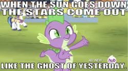 Size: 641x359 | Tagged: safe, edit, edited screencap, editor:undeadponysoldier, imported from derpibooru, screencap, shining armor, spike, dragon, pony, unicorn, equestria games (episode), all new, caption, crystal stadium, happy, hollywood undead, hub logo, image macro, implied princess celestia, implied princess luna, lyrics, male, my town, raised arm, raised hoof, singing, smiling, song, song reference, stadium, stallion, text
