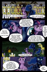 Size: 724x1103 | Tagged: safe, artist:rysunkowasucharia, imported from derpibooru, princess luna, twilight sparkle, alicorn, unicorn, comic:curse and madness, armor, canterlot, cloak, clothes, comic, guard, mlpcam, night, royal guard armor, text, text bubbles, twilight sparkle (alicorn), wings