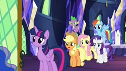 Size: 1920x1080 | Tagged: safe, imported from derpibooru, screencap, applejack, fluttershy, princess luna, rainbow dash, rarity, spike, twilight sparkle, alicorn, dragon, earth pony, pegasus, pony, unicorn, between dark and dawn, female, male, mare, twilight sparkle (alicorn), winged spike, wings