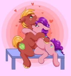 Size: 1280x1359 | Tagged: safe, artist:moondreamer16, imported from derpibooru, big macintosh, sugar belle, earth pony, pony, unicorn, abstract background, bench, chubby, female, heart, hug, male, mare, neck biting, nibbling, nom, shipping, stallion, straight, sugarmac