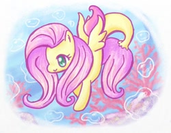 Size: 600x469 | Tagged: safe, artist:cherubfish, imported from derpibooru, fluttershy, pegasus, pony, seapony (g4), artrage, coral, cute, female, seaponified, seapony fluttershy, shyabetes, solo, species swap, swimming, underwater