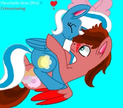 Size: 541x471 | Tagged: safe, artist:madzbases, artist:queen-plane, imported from derpibooru, oc, oc only, oc:crimsonwing, oc:fleurbelle, alicorn, pegasus, pony, alicorn oc, base used, blue background, blushing, bow, cute, female, fleurwing, green eyes, hair bow, male, mare, oc x oc, ribbon, shipping, simple background, straight