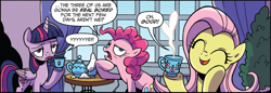 Size: 800x274 | Tagged: safe, artist:brendahickey, idw, imported from derpibooru, fluttershy, pinkie pie, twilight sparkle, alicorn, earth pony, pegasus, pony, unicorn, spoiler:comic, spoiler:comicspiritoftheforest02, comic, cup, cute, female, mare, official comic, one of these things is not like the others, shyabetes, speech bubble, teacup, that pony sure does love sugar, trio, twilight sparkle (alicorn)