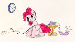 Size: 2560x1440 | Tagged: safe, artist:abyssalemissary, imported from derpibooru, pinkie pie, earth pony, pony, atg 2019, clock, colored pencil drawing, dialogue, female, literal, mare, mixed media, newbie artist training grounds, pen drawing, phone, pinkie being pinkie, simple background, solo, traditional art, white background