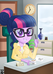 Size: 2500x3448 | Tagged: safe, artist:theretroart88, imported from derpibooru, sci-twi, timber spruce, twilight sparkle, equestria girls, legend of everfree - bloopers, breasts, busty twilight sparkle, coffee, female, grin, groucho marx psyche out, office, picture, smiling, solo, working