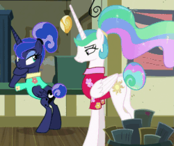 Size: 911x765 | Tagged: safe, imported from derpibooru, screencap, princess celestia, princess luna, alicorn, pony, between dark and dawn, alternate hairstyle, animated, barehoof, clothes, cropped, female, gif, hawaiian shirt, looking at each other, mare, ponytail, post office, shirt, that pony sure does love the post office, that princess sure does hate the post office, twitchy tail