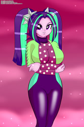 Size: 663x1000 | Tagged: safe, artist:chuyryu, imported from derpibooru, aria blaze, equestria girls, equestria girls series, find the magic, sunset's backstage pass!, spoiler:eqg series (season 2), big breasts, breasts, busty aria blaze, crossed arms, female, hips, looking at you, pigtails, polka dots, sexy, tsundaria, tsundere, twintails