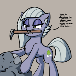 Size: 2000x2000 | Tagged: safe, artist:topicranger, imported from derpibooru, limestone pie, earth pony, pony, equestria daily, atg 2019, chest fluff, colored, ear fluff, eyelashes, female, flat colors, mare, mouth hold, newbie artist training grounds, pickaxe, rock, simple background, simple shading, solo, text