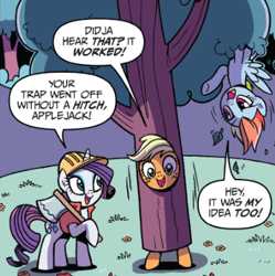 Size: 371x372 | Tagged: safe, artist:brendahickey, idw, imported from derpibooru, applejack, rainbow dash, rarity, earth pony, pegasus, pony, unicorn, spoiler:comic, spoiler:comicspiritoftheforest02, axe, female, lumberjack, mare, official comic, speech bubble, tree costume, trio, upside down, weapon