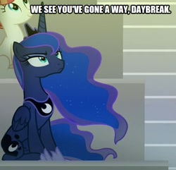 Size: 519x500 | Tagged: safe, edit, edited screencap, imported from derpibooru, screencap, princess luna, rainbow stars, alicorn, pony, unicorn, horse play, bench, bleachers, caption, cropped, dawn, female, folded wings, frown, image macro, implied princess celestia, jewelry, luna is not amused, mare, regalia, sitting, sunrise, sunshine, text, tiara, wings