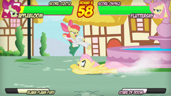 Size: 640x360 | Tagged: safe, imported from derpibooru, apple bloom, fluttershy, pony, fighting is magic, fighting game, fountain, karate, marvel vs capcom 3, sliding