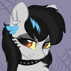 Size: 800x800 | Tagged: safe, artist:alphadesu, imported from derpibooru, oc, oc only, oc:lightning dee, pony, bow, bust, chest fluff, choker, colored sclera, commission, dyed mane, ear piercing, eyeshadow, fangs, female, lidded eyes, looking at you, makeup, mare, piercing, smiling, solo, spiked choker, ych result