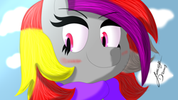Size: 2560x1440 | Tagged: safe, artist:jimmy draws, imported from derpibooru, oc, oc only, oc:annie flamme, pony, bust, clothes, cute, portrait, scarf, smiling