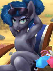 Size: 3000x4000 | Tagged: dead source, safe, artist:blackligerth, imported from derpibooru, princess luna, alicorn, semi-anthro, between dark and dawn, alternate hairstyle, armpits, beach, bedroom eyes, constellation, crossed legs, cute, female, looking at you, luna sunbathing, lunabetes, mare, solo, sunbathing, sunglasses
