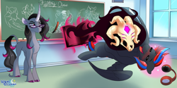 Size: 4000x2000 | Tagged: safe, artist:xwhitedreamsx, imported from derpibooru, fhtng th§ ¿nsp§kbl, oleander, oc, demon, them's fightin' herds, blushing, classroom, female, glasses, headphones, hug, oleander (tfh), unamused, unicornomicon