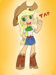 Size: 900x1200 | Tagged: safe, artist:chaosmalefic, imported from derpibooru, applejack, equestria girls, beautiful, belt, boots, clothes, cowboy boots, cowboy hat, cowgirl, cute, denim skirt, female, freckles, gradient background, green eyes, hat, jackabetes, looking at you, miniskirt, panty and stocking with garterbelt, shoes, skirt, smiling, stetson, style emulation, yellow hair