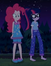 Size: 468x601 | Tagged: safe, imported from derpibooru, screencap, pinkie pie, sci-twi, twilight sparkle, equestria girls, equestria girls series, sunset's backstage pass!, spoiler:eqg series (season 2), barefoot, clothes, feet, female, pajamas, sleeveless