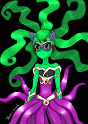 Size: 2507x3541 | Tagged: safe, artist:illustr-graph, imported from derpibooru, mane-iac, oc, oc:frost d. tart, equestria girls, black background, clothes, cosplay, costume, crossdressing, equestria girls-ified, outfit, simple background, solo, wig