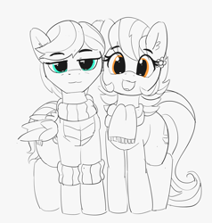 Size: 2674x2810 | Tagged: safe, artist:pabbley, imported from derpibooru, aunt holiday, auntie lofty, earth pony, pegasus, pony, the last crusade, clothes, cute, ear fluff, eye clipping through hair, female, happy, lesbian, lofty day, looking at you, mare, open mouth, partial color, scarf, shipping, smiling