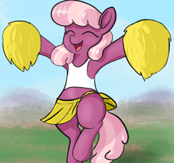 Size: 1600x1500 | Tagged: safe, artist:t72b, derpibooru exclusive, imported from derpibooru, cheerilee, earth pony, pony, atg 2019, bipedal, cheeribetes, cheerileeder, cheerleader, clothes, cute, eyes closed, female, happy, jumping, mare, midriff, miniskirt, moe, newbie artist training grounds, pleated skirt, pom pom, skirt, skirt lift, solo